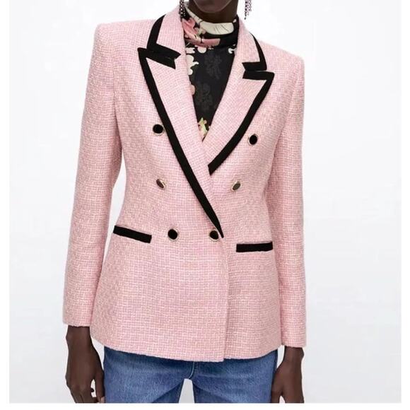 Zara Jackets & Blazers - Zara Pink Tweed Double Breasted Structured Blazer XS